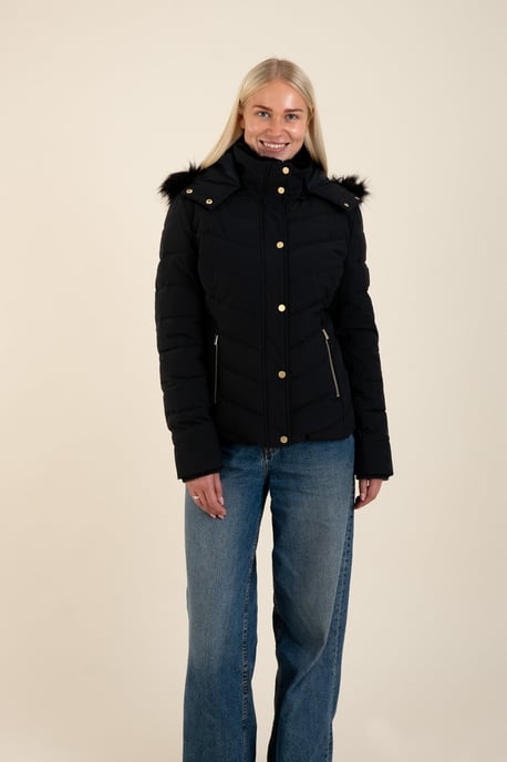 Black Quilted Jacket With Faux Fur Trim Hood - Image 1