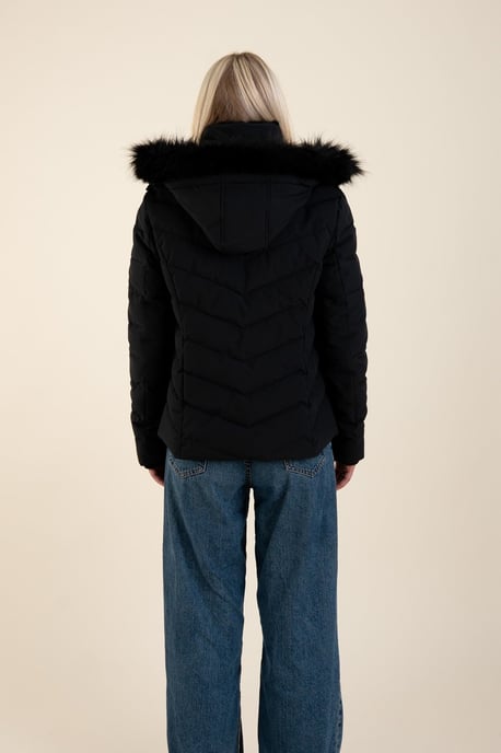 Black Quilted Jacket With Faux Fur Trim Hood - Image 2