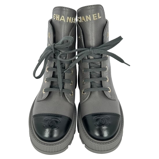 Chanel CC Lace-Up Combat Boots in Grey Leather - Image 1