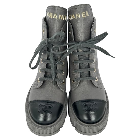 Chanel CC Lace-Up Combat Boots in Grey Leather - Image 2
