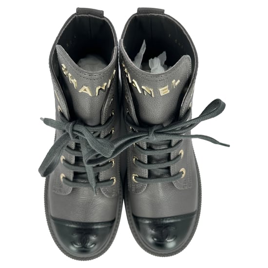 Chanel CC Lace-Up Combat Boots in Grey Leather - Image 3