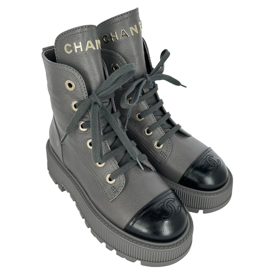 Chanel CC Lace-Up Combat Boots in Grey Leather - Image 4