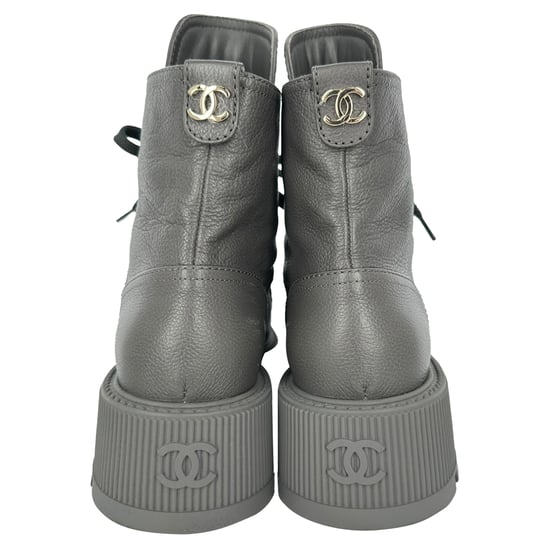 Chanel CC Lace-Up Combat Boots in Grey Leather - Image 5