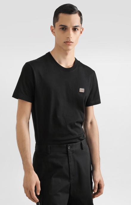 Dolche&Gabanna Cotton Jersey T-Shirt with metal branded tag Black - Image 2