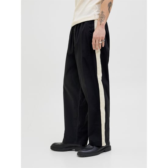 Men's Jack and Jones Owen Stripe Patterned Wide Leg Joggers in Black - Image 1
