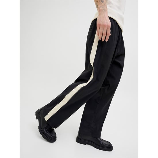 Men's Jack and Jones Owen Stripe Patterned Wide Leg Joggers in Black - Image 4