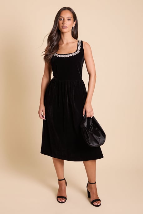 Petite Velvet Embellished Neckline Structured Midi Dress - Image 1
