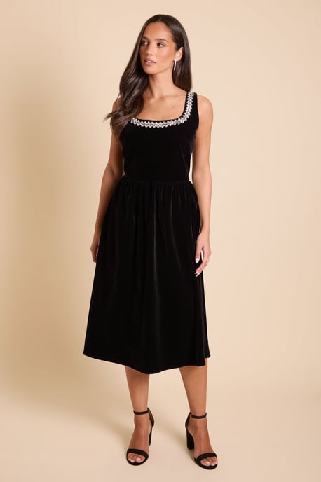 Petite Velvet Embellished Neckline Structured Midi Dress - Image 2