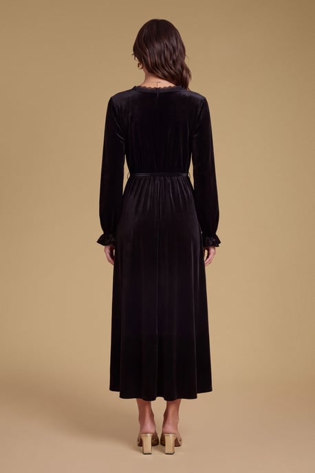 Velvet Lace Trim Button Through Midi Dress - Image 2