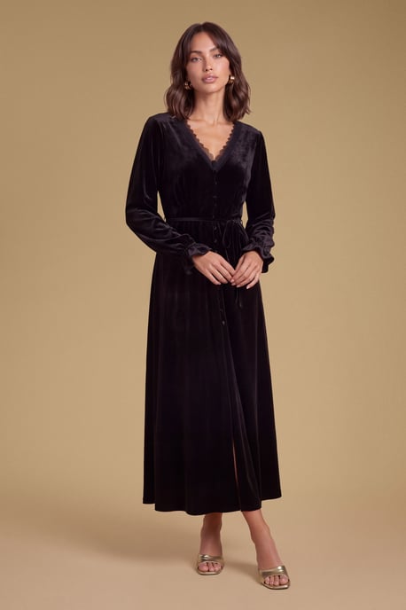Velvet Lace Trim Button Through Midi Dress - Image 3