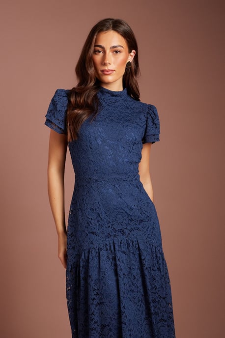 Lace Frill Sleeve High Neck Midi Dress - Image 2