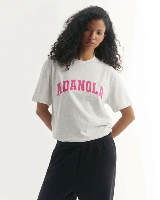 Adanola Varsity T-Shirt Womens Light Grey Melange Pink Oversized - Image 1