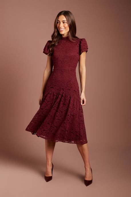 Lace Frill Sleeve High Neck Midi Dress - Image 1