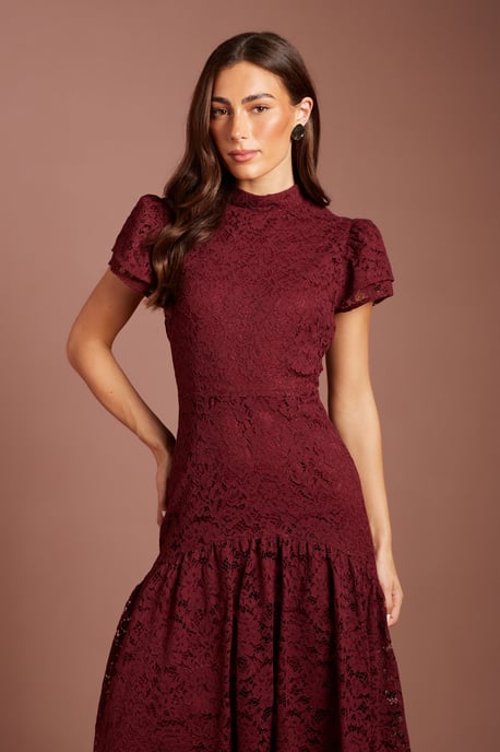 Lace Frill Sleeve High Neck Midi Dress - Image 2