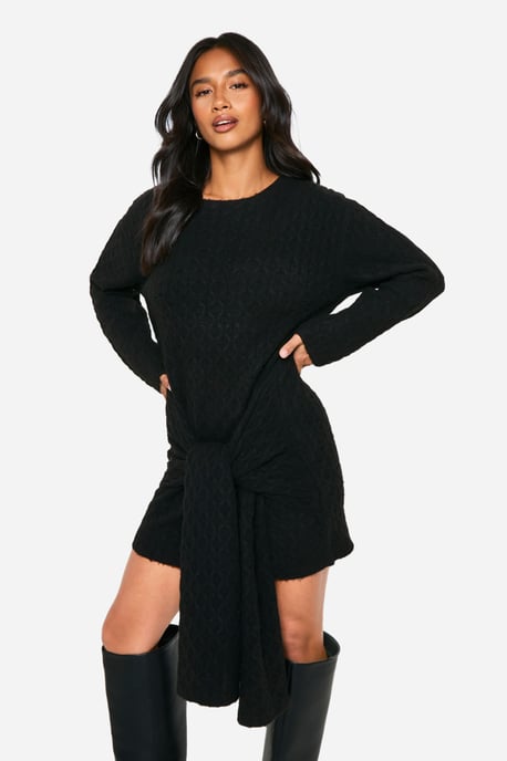 Petite Soft Cable Oversized Tie Detail Knitted Mini Dress - Image 1