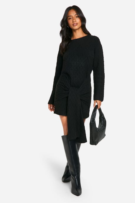 Petite Soft Cable Oversized Tie Detail Knitted Mini Dress - Image 3