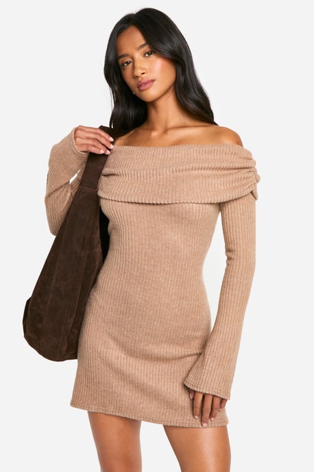 Petite Brushed Rib Foldover Bardot Mini Dress - Image 1