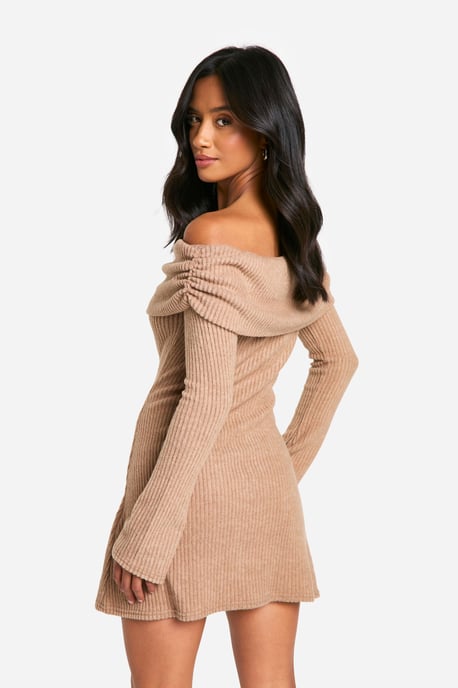 Petite Brushed Rib Foldover Bardot Mini Dress - Image 2
