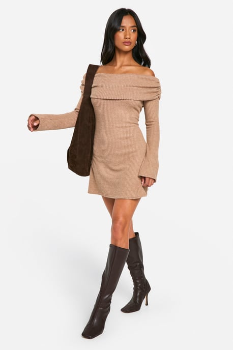 Petite Brushed Rib Foldover Bardot Mini Dress - Image 3