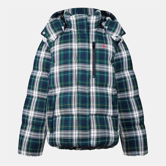 Women's Ralph Lauren Ralph Plaid Patterned Hooded Puffer Coat with Chest Pocket in Evergreen Zest - Image 1