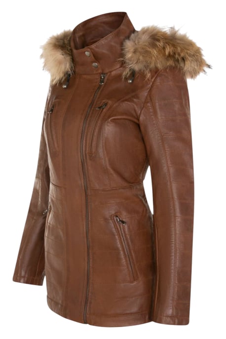 Dames gewatteerde leren parka in bruin leer - Winton - Image 4