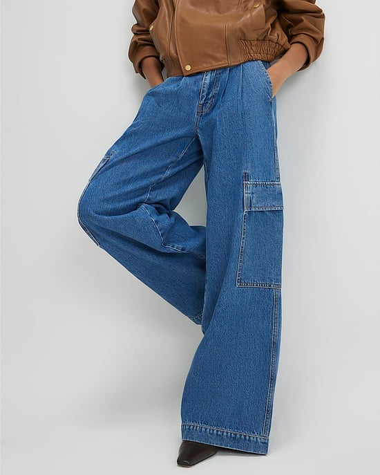 River Island Womens Wide Leg Jeans Blue Pleated Cargo Pocket - Image 4