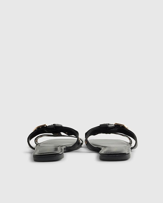 River Island Womens T-Bar Sandals Black Leather Buckle Square - Image 3