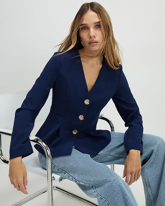 River Island Womens Jacket Navy Long Sleeve Pleated V-Neck - Image 2
