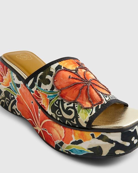 River Island Womens Mule Wedges Orange Flower Print Floral Del Maar - Image 4