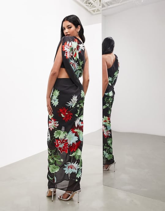 ASOS EDITION – Mörkgrå, blommig, broderad, draperad maxiklänning med en axel och slits - Image 4