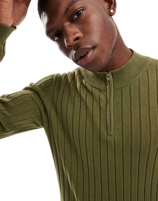 ASOS DESIGN essential muscle fit knitted rib 1/2 zip jumper in khaki - Image 3