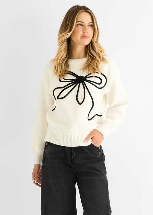 Cream Contrast Bow pattern oversized Jumper - Image 2
