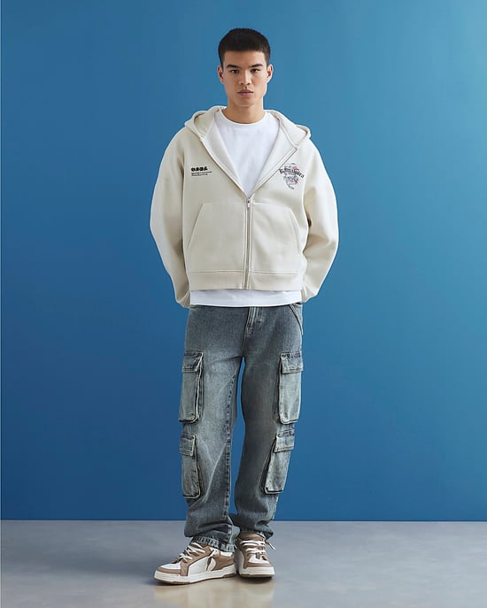 River Island Mens Hoodie Cream Oversized Fit Japanese Kamakura Zip - Image 3