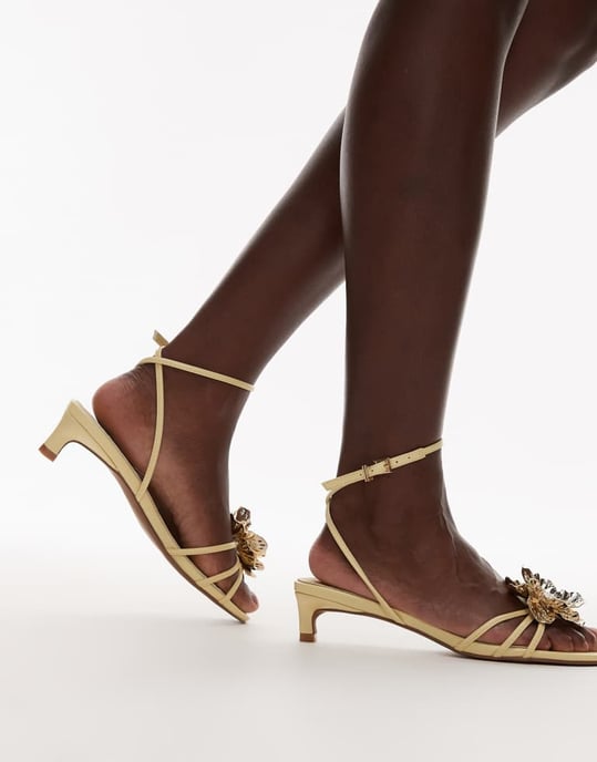 Topshop Inaya kitten heel strappy sandal with gold flower in yellow - Image 4