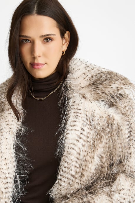 Brown Snow Leopard Faux Fur Short Jacket - Image 2