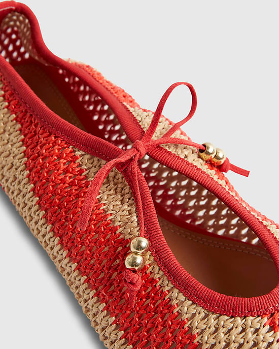 River Island Womens Mary Janes Red Raffia Fabric Striped Round Toe - Image 3
