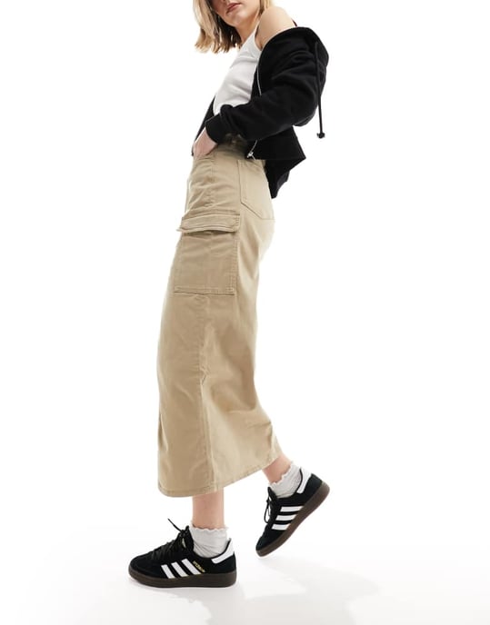 Calvin Klein Jeans maxikjol i denim med framsplit i beige - Image 2