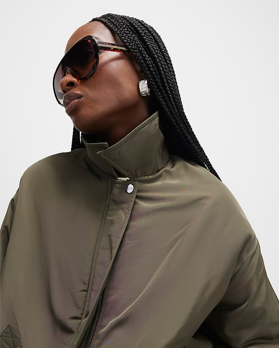 River Island Womens Jacket Khaki Bubble Hem Collared Zip Popper - Image 4