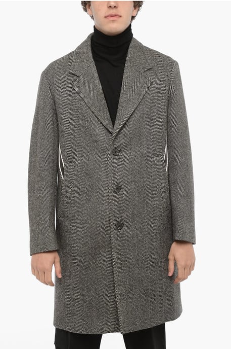 Herringbone Motif Virgin Wool Coat in Black & White - Image 1