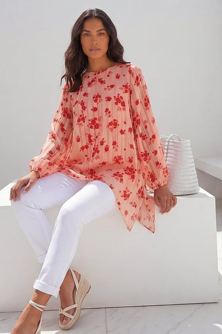 Rose Print Metallic Tunic Top - Image 1