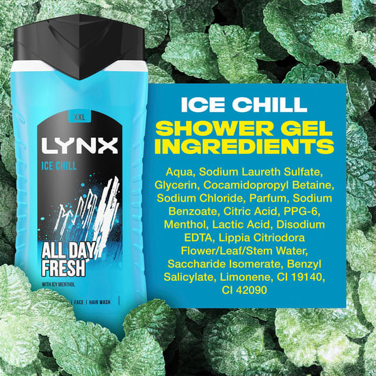 3x Lynx 3-in-1 Ice Chill All Day Fresh Bodywash 225ml with Manwasher Shower Tool - Image 3
