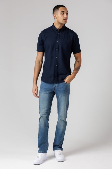 Navy Linen Blend Short Sleeve Chest Pocket Shirt - Image 4