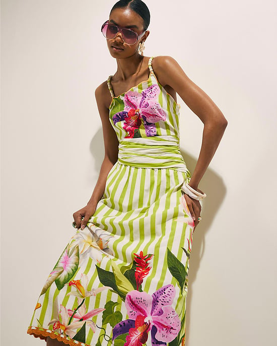 River Island Womens Midi Dress Green Striped Beaded Floral Del Maar - Image 2