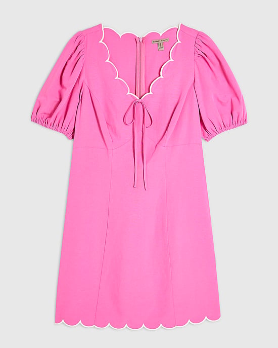 River Island Womens Mini Dress Pink Linen Blend Scallop Trim V-Neck - Image 6