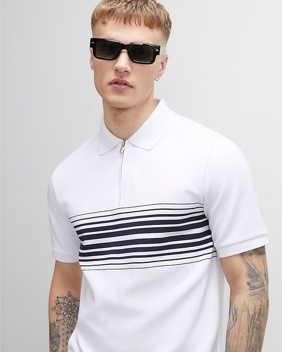 River Island Mens Polo Shirt White Slim Fit Stripe Short Sleeve - Image 1