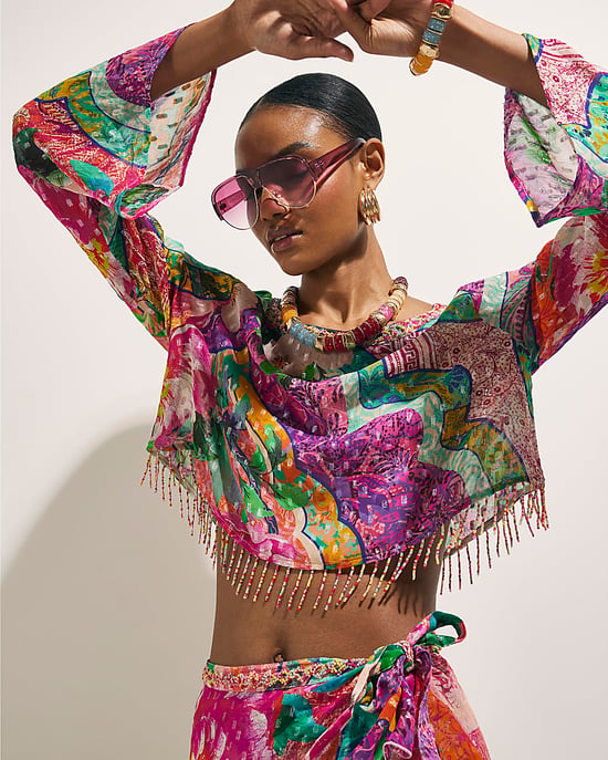 River Island Womens Crop Top Pink Beaded Fringe Beach Floral Del Maar - Image 2
