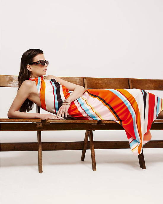 River Island Womens Maxi Dress Orange Halter Neck Sleeveless Stripe - Image 5