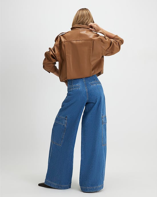 River Island Womens Wide Leg Jeans Blue Pleated Cargo Pocket - Image 3