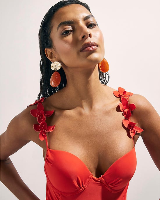 River Island Womens Swimsuit Red Flower Strap Detail Ruched V-Neck - Image 2