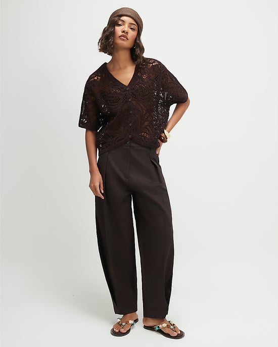 River Island Womens Cardigan Brown Crochet Short Sleeve V-Neck - Image 3